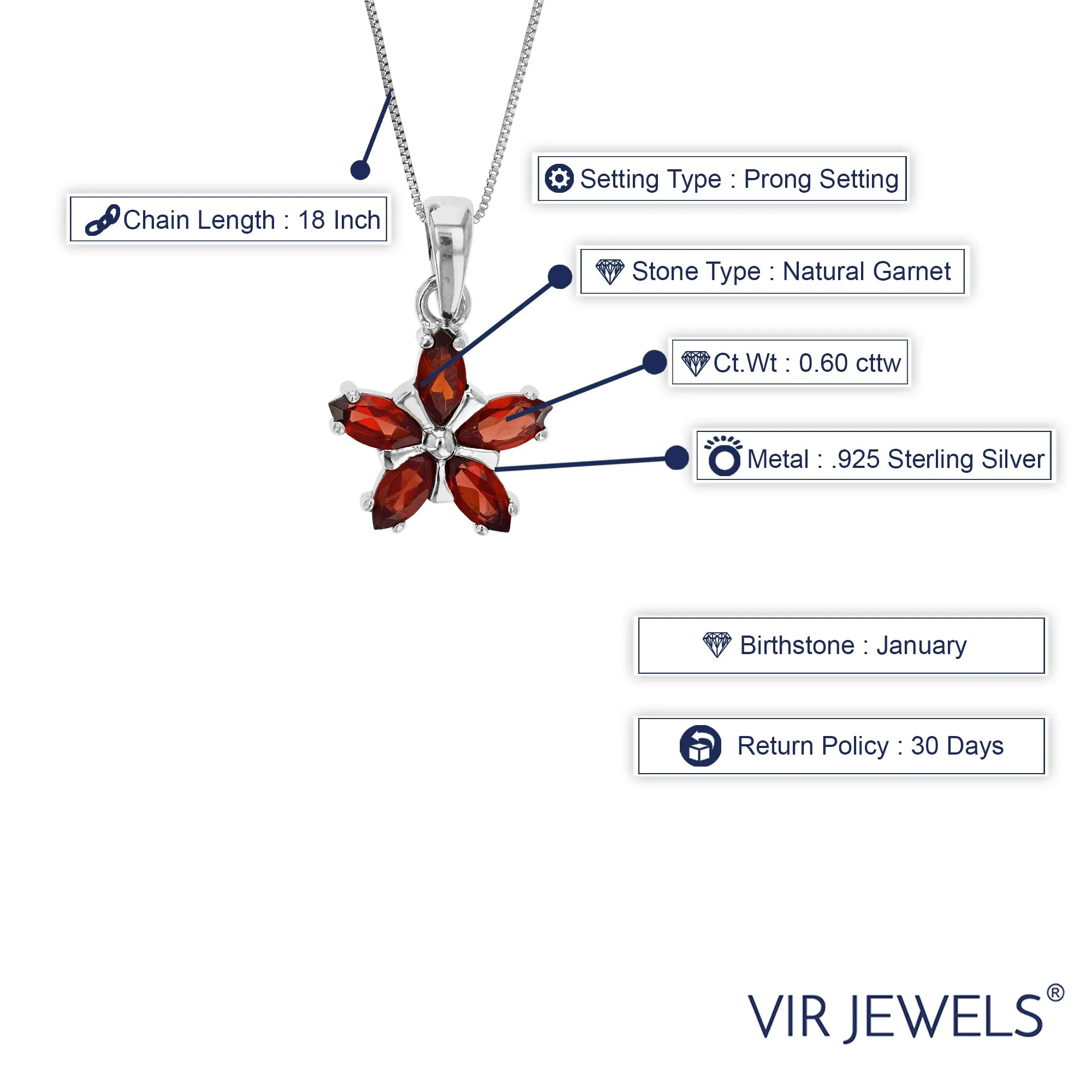 0.60 cttw Pendant Necklace, Garnet Marquise Pendant Necklace for Women in .925 Sterling Silver with Rhodium, 18 Inch Chain, Prong Setting