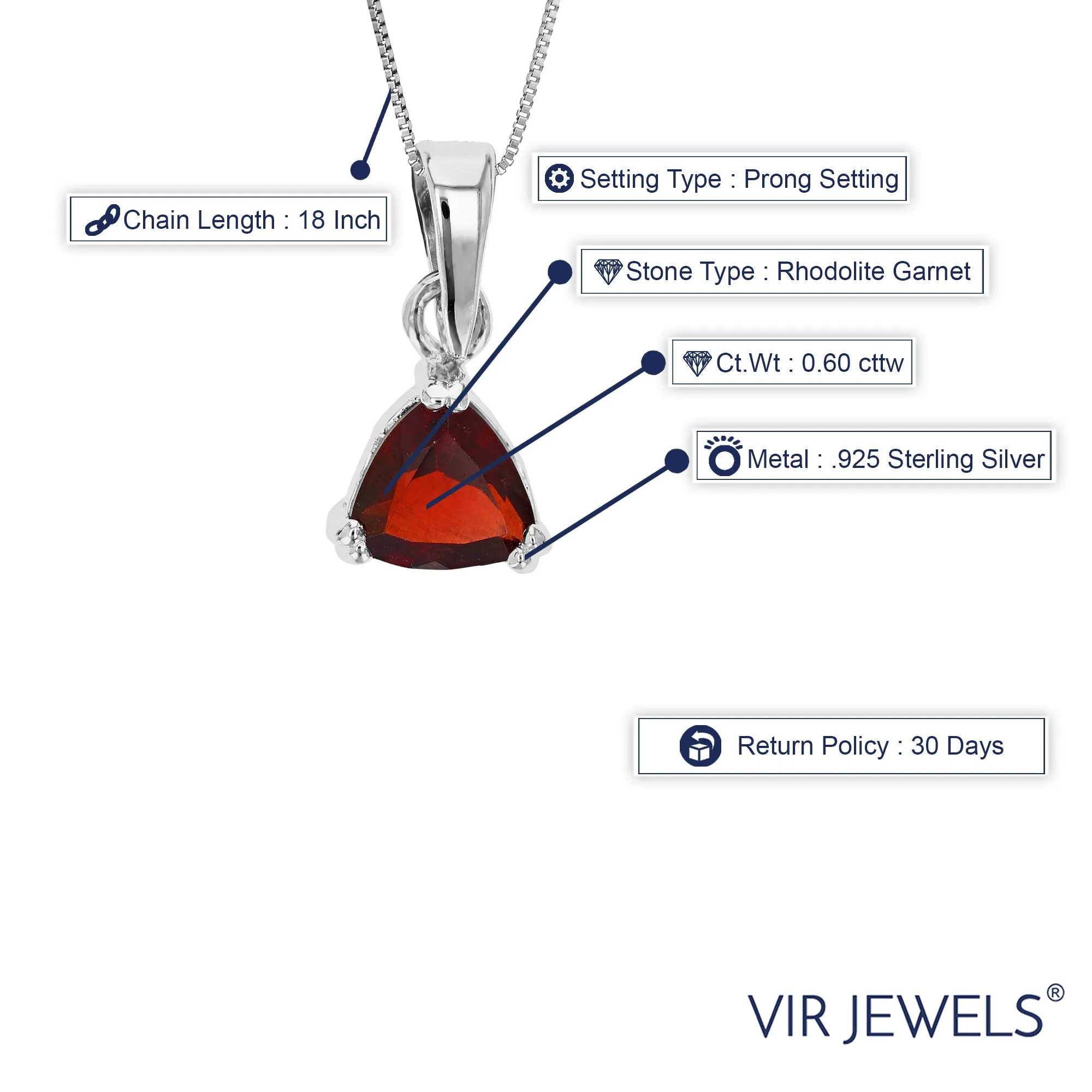 0.60 cttw Pendant Necklace, Garnet Trillion Shape Pendant Necklace for Women in .925 Sterling Silver with Rhodium, 18 Inch Chain, Prong Setting