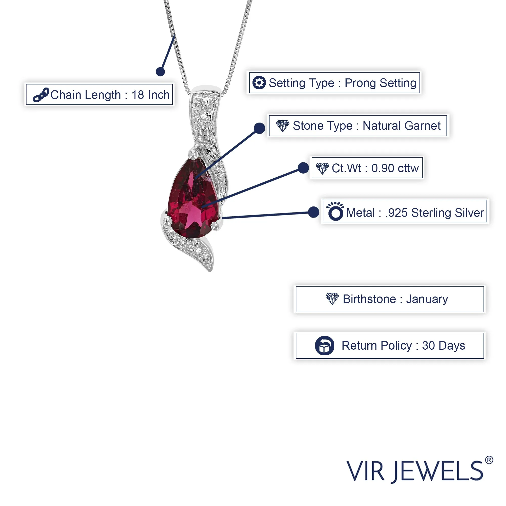 0.90 cttw Pendant Necklace, Garnet Pear Shape Pendant Necklace for Women in .925 Sterling Silver with Rhodium, 18 Inch Chain, Prong Setting