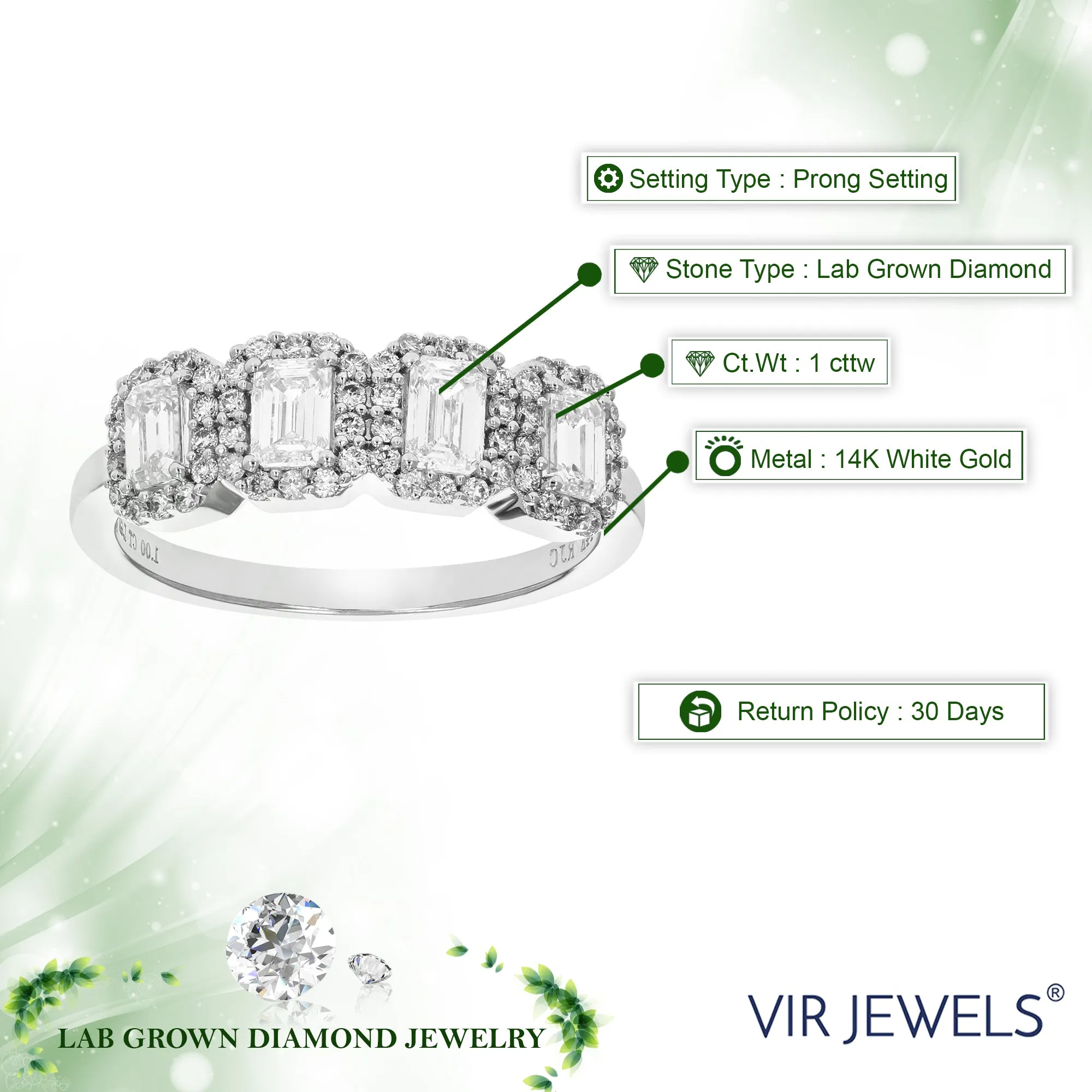 1 cttw Lab Grown Emerald Diamond Engagement Rings 14K White Gold