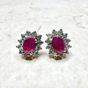 10 Karat Two-Tone Gold Diamond & Oval Ruby Halo Stud Earrings