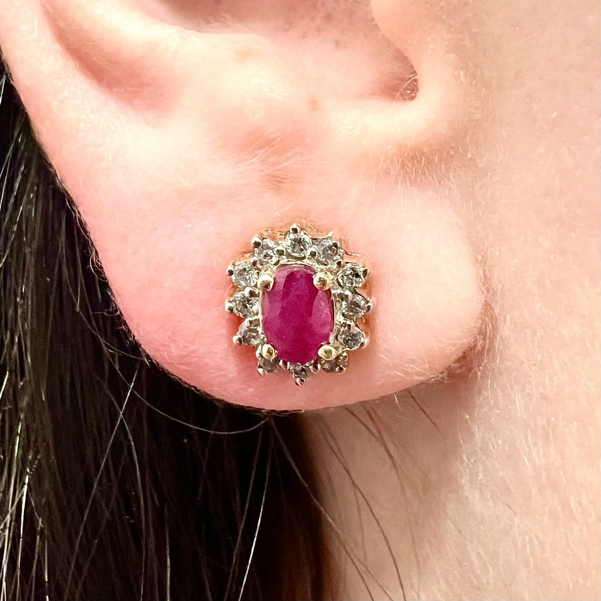 10 Karat Two-Tone Gold Diamond & Oval Ruby Halo Stud Earrings