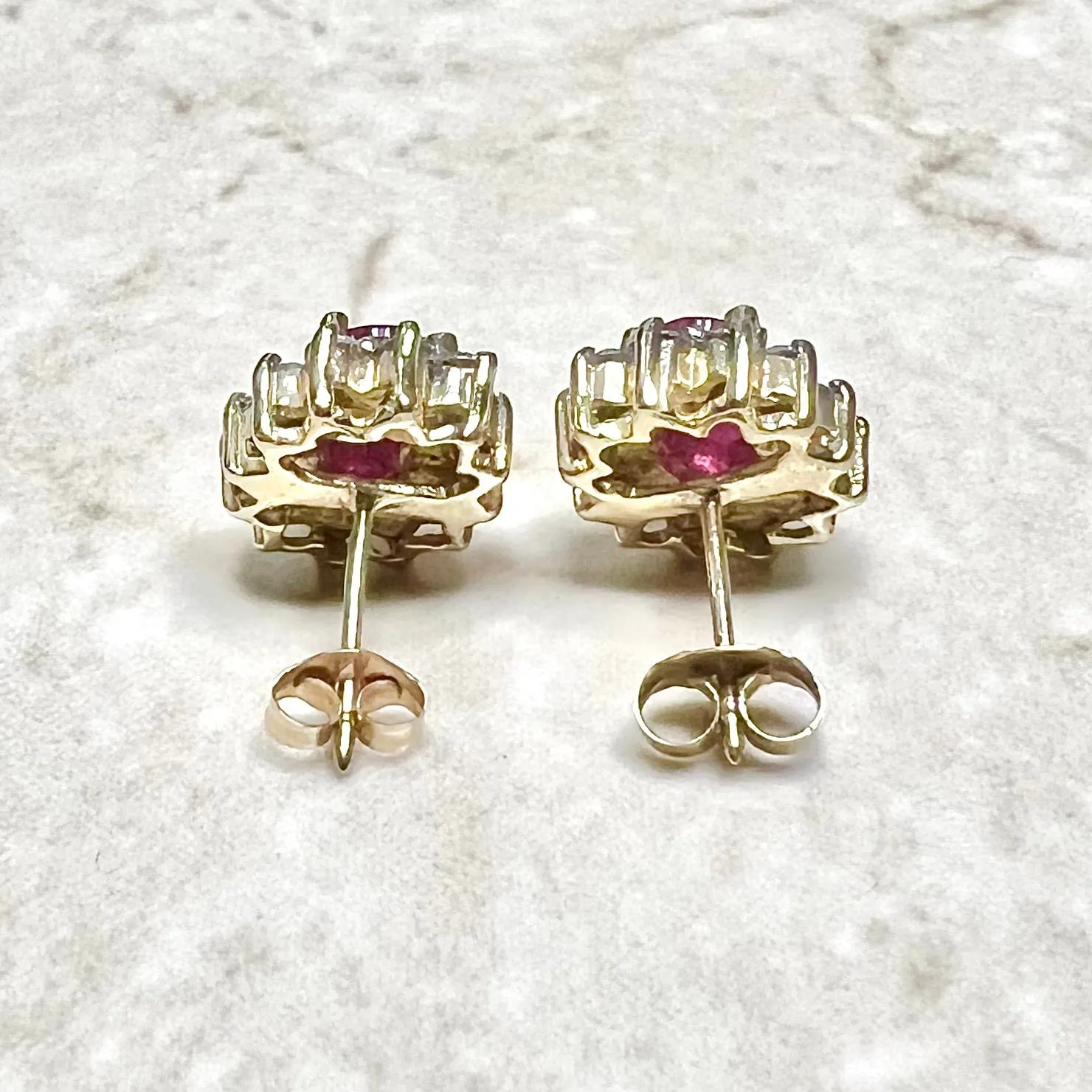 10 Karat Two-Tone Gold Diamond & Oval Ruby Halo Stud Earrings