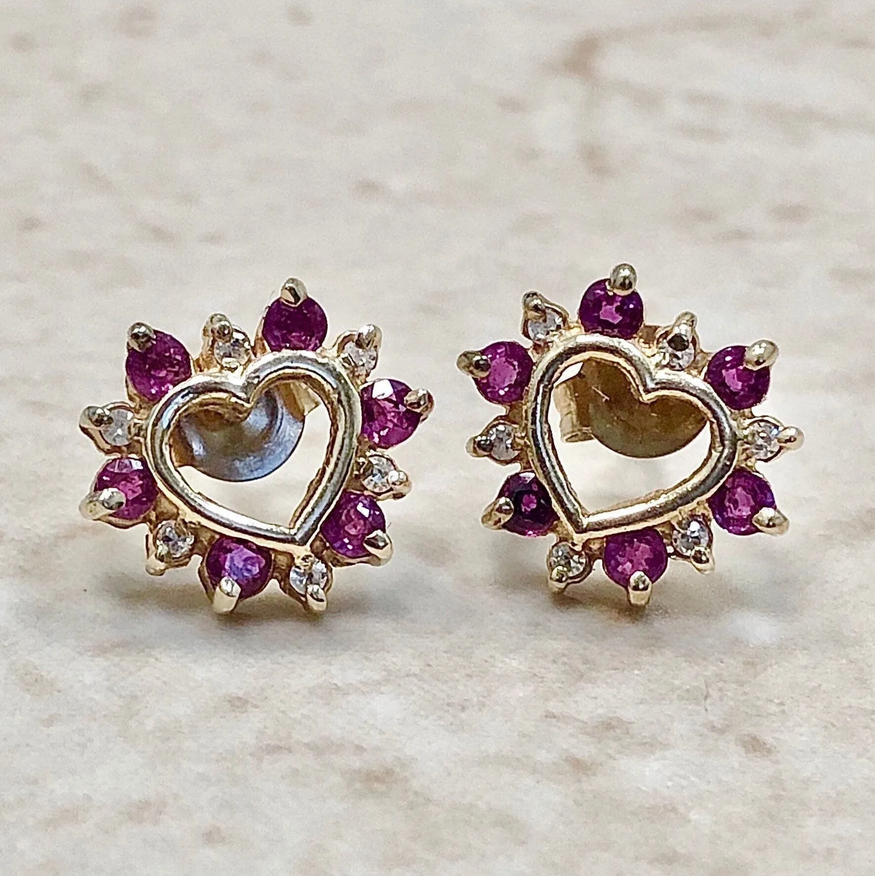 10 Karat Yellow Gold Ruby & Diamond Heart Stud Earrings