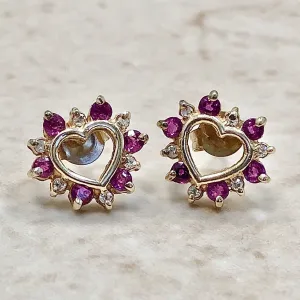 10 Karat Yellow Gold Ruby & Diamond Heart Stud Earrings