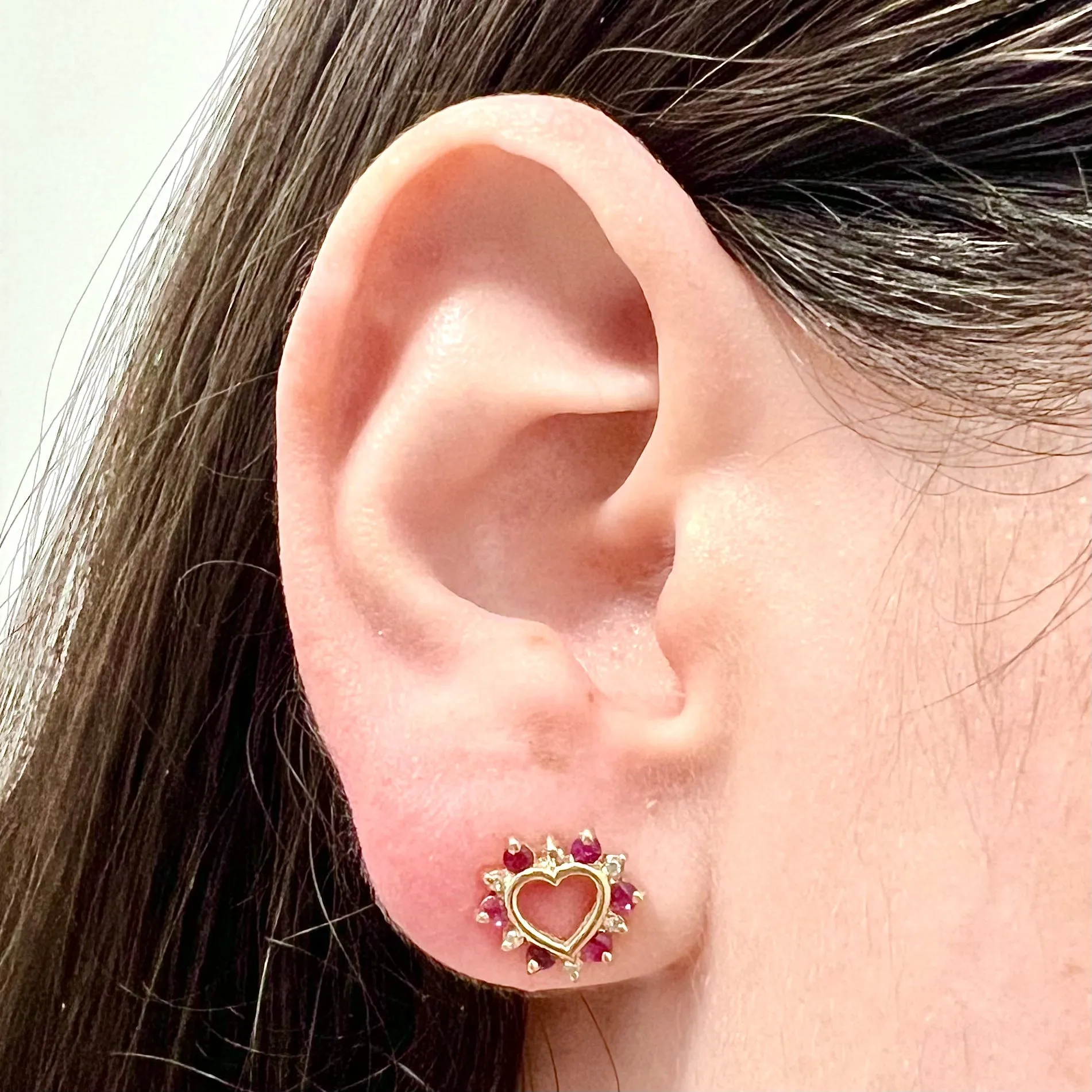 10 Karat Yellow Gold Ruby & Diamond Heart Stud Earrings