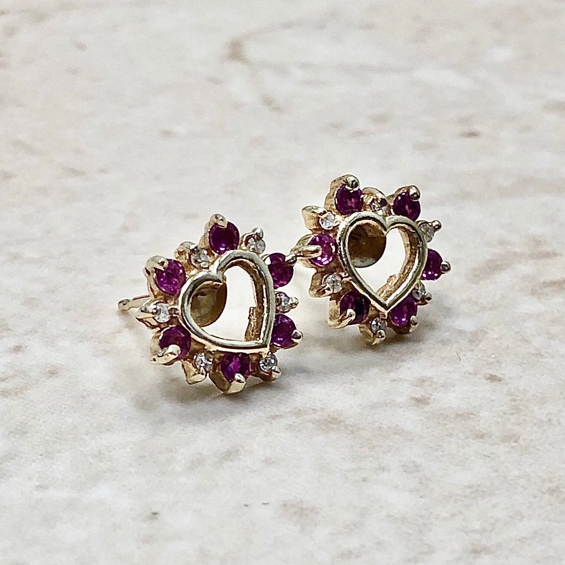 10 Karat Yellow Gold Ruby & Diamond Heart Stud Earrings