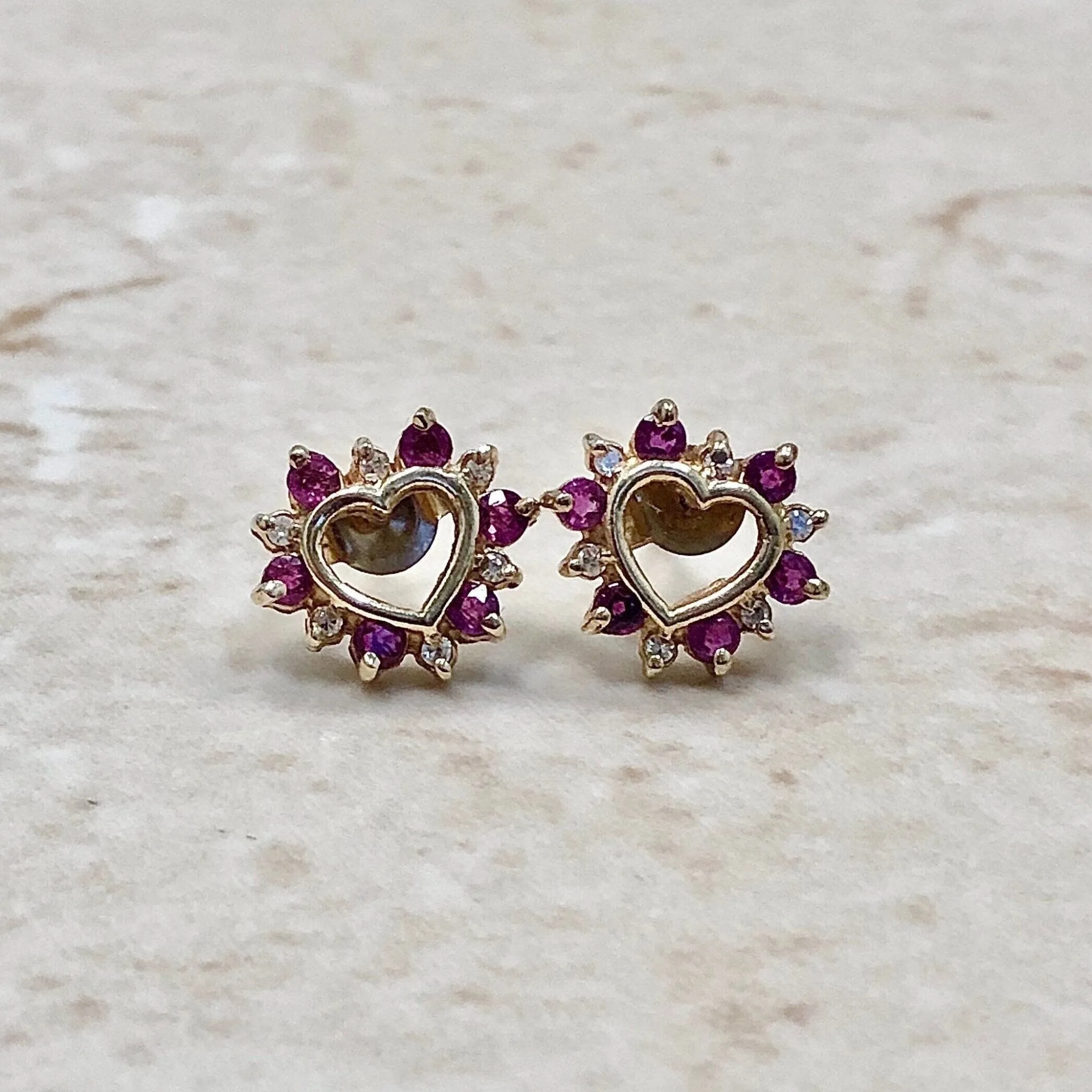 10 Karat Yellow Gold Ruby & Diamond Heart Stud Earrings
