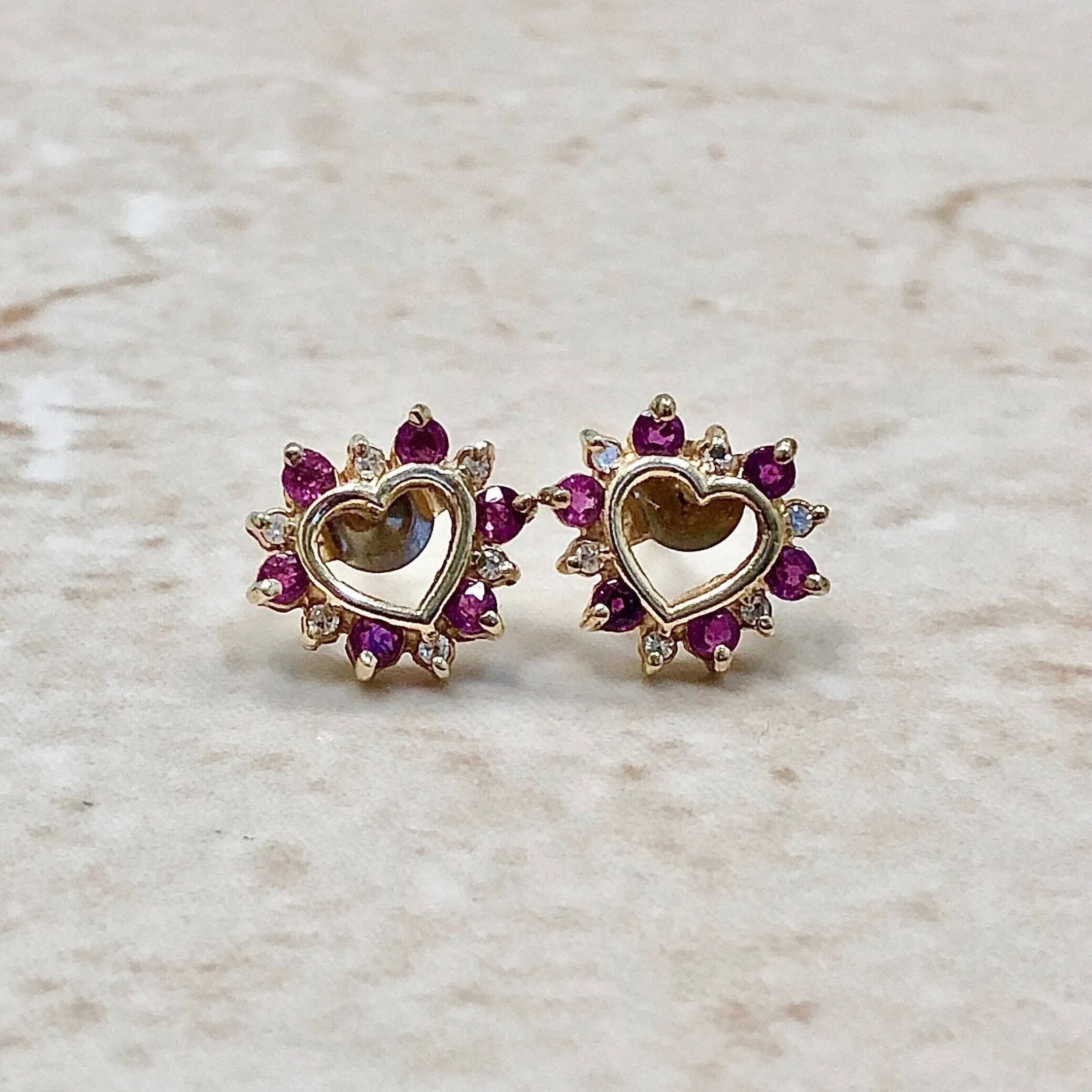 10 Karat Yellow Gold Ruby & Diamond Heart Stud Earrings