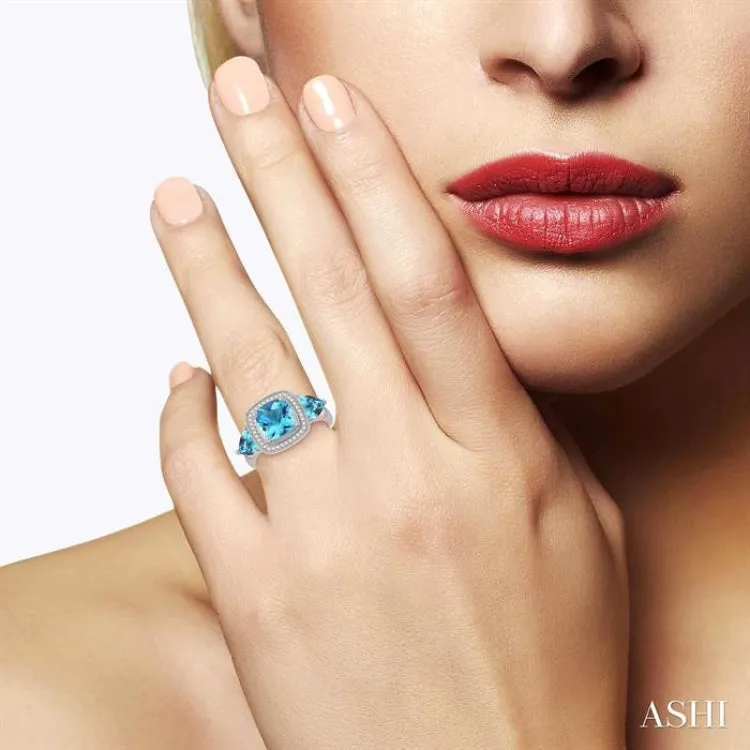 1/10 Ctw Round Cut Diamond, 8x8mm Cushion Cut and 6x6mm Trillion Cut Blue Topaz Semi Precious Ring in 10K White Gold