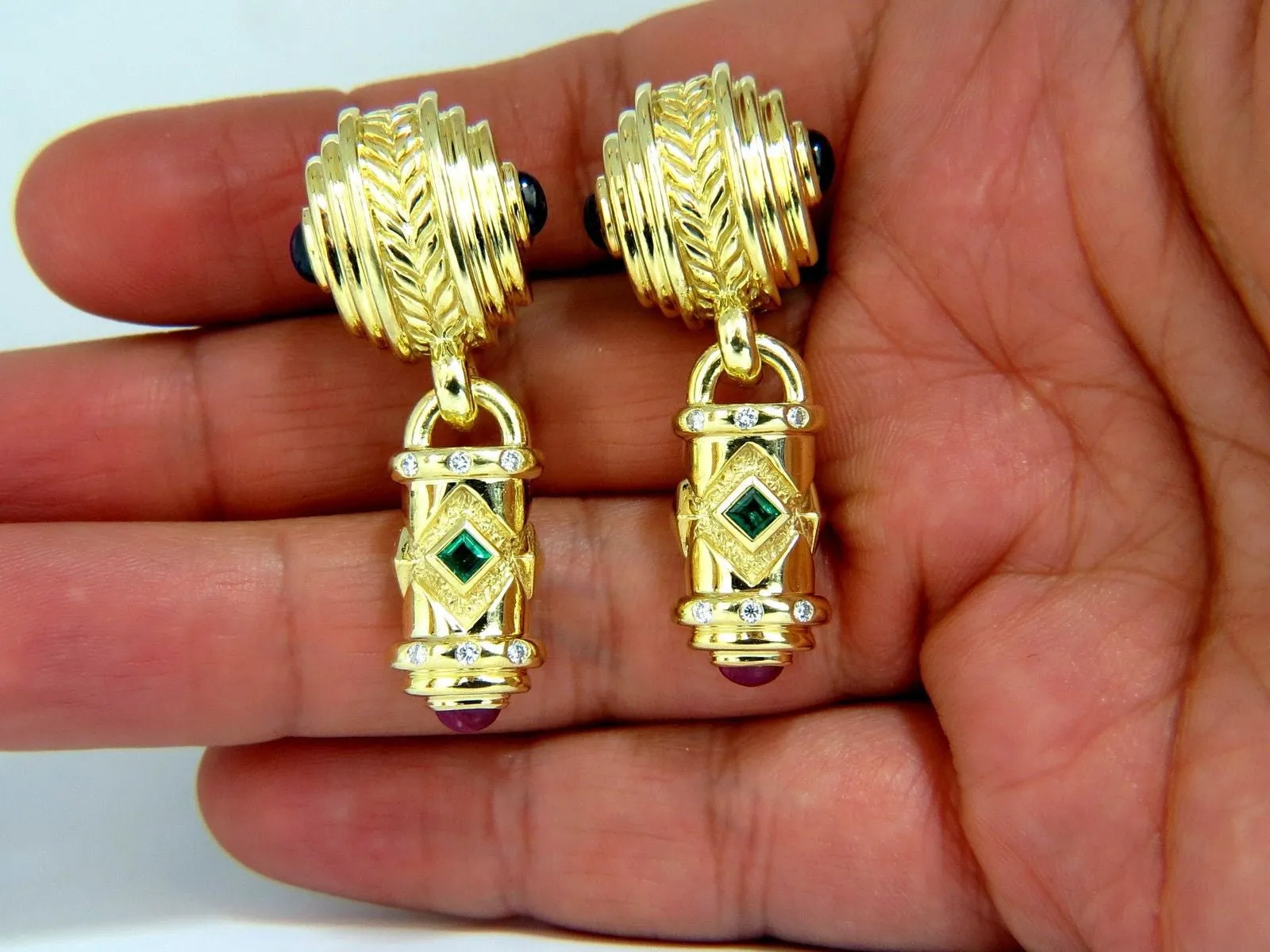 1.10ct NATURAL EMERALD RUBY SAPPHIRE BYZANTINE 18KT DANGLE EARRINGS