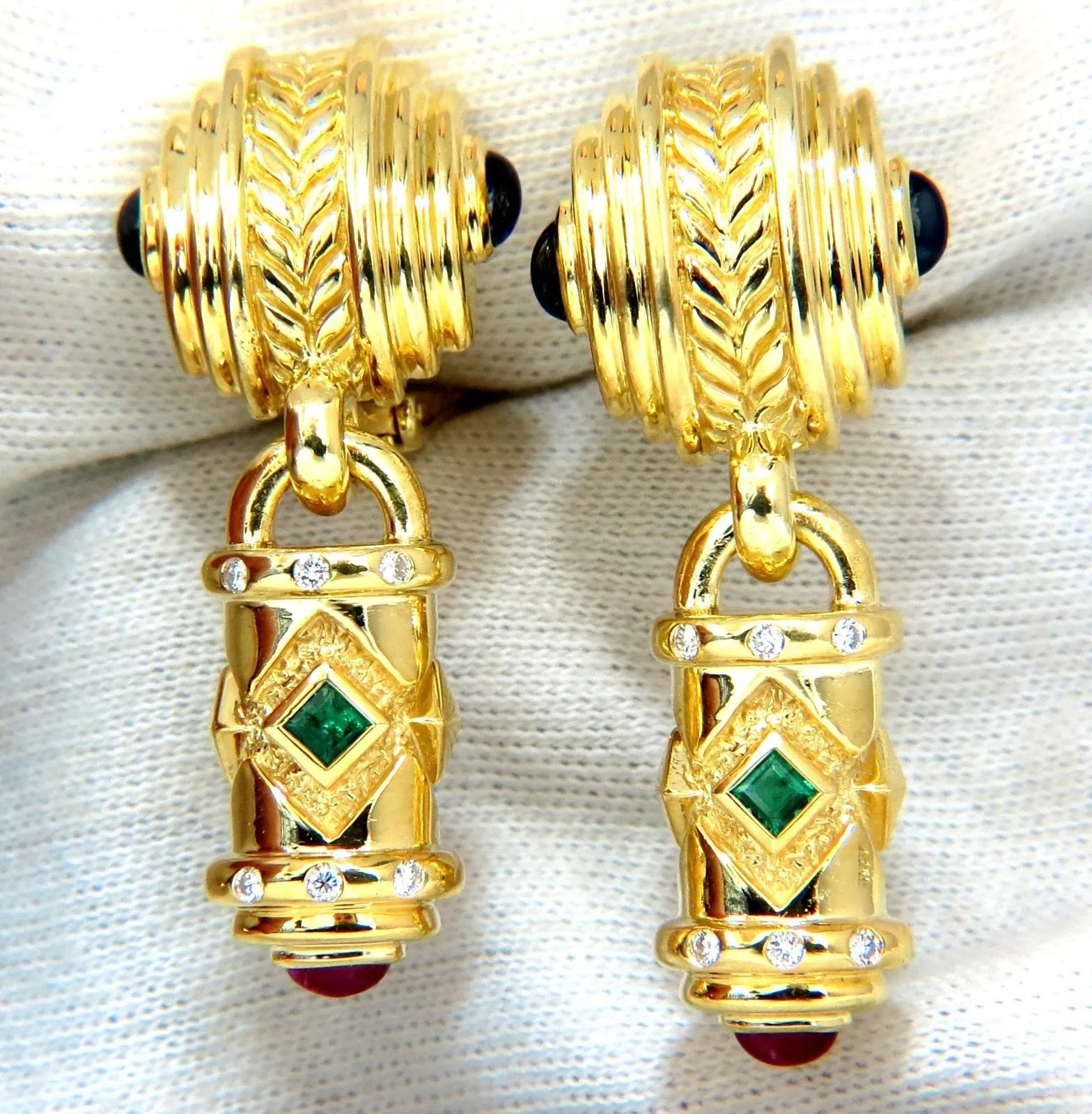 1.10ct NATURAL EMERALD RUBY SAPPHIRE BYZANTINE 18KT DANGLE EARRINGS