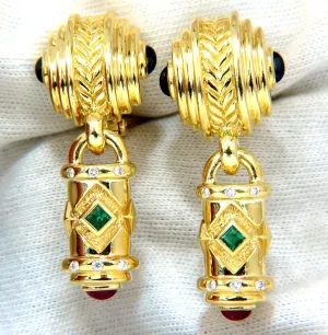 1.10ct NATURAL EMERALD RUBY SAPPHIRE BYZANTINE 18KT DANGLE EARRINGS