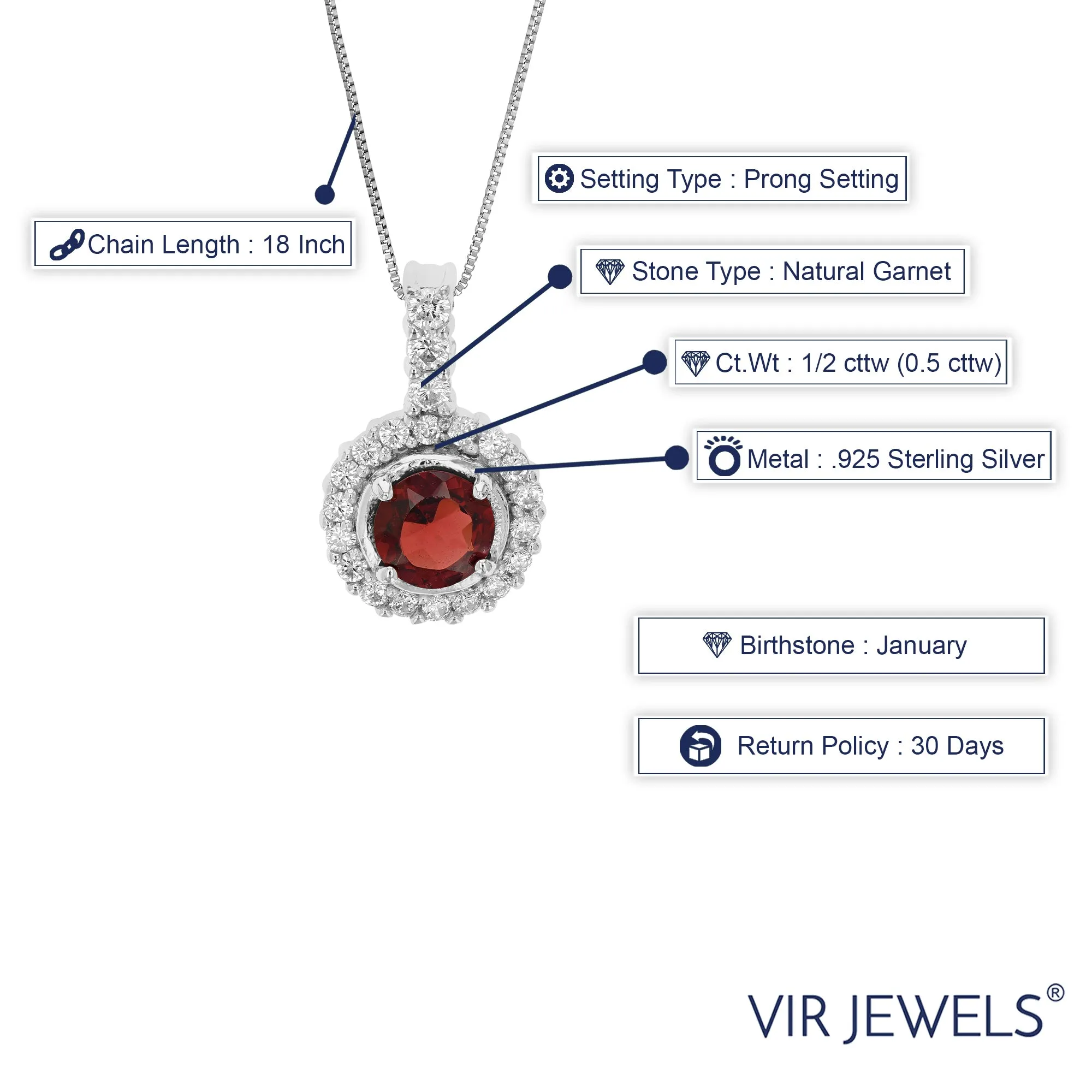 1/2 cttw Pendant Necklace, Garnet Pendant Necklace for Women in .925 Sterling Silver with Rhodium, 18 Inch Chain, Prong Setting