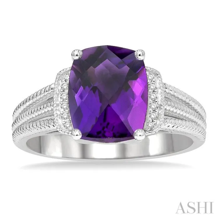 1/20 Ctw Round Cut Diamond & 10x8MM Cushion Cut Amethyst Semi Precious Ring in Sterling Silver