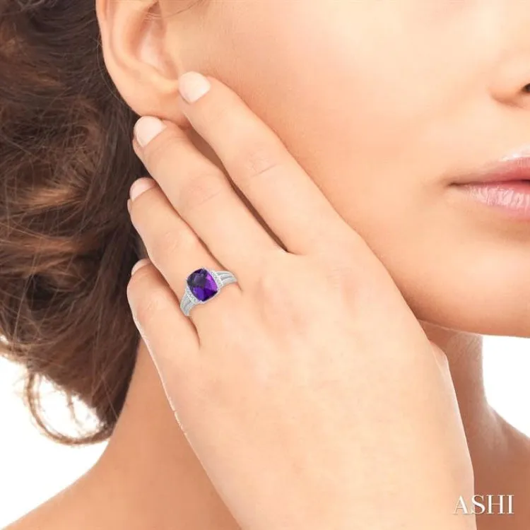 1/20 Ctw Round Cut Diamond & 10x8MM Cushion Cut Amethyst Semi Precious Ring in Sterling Silver