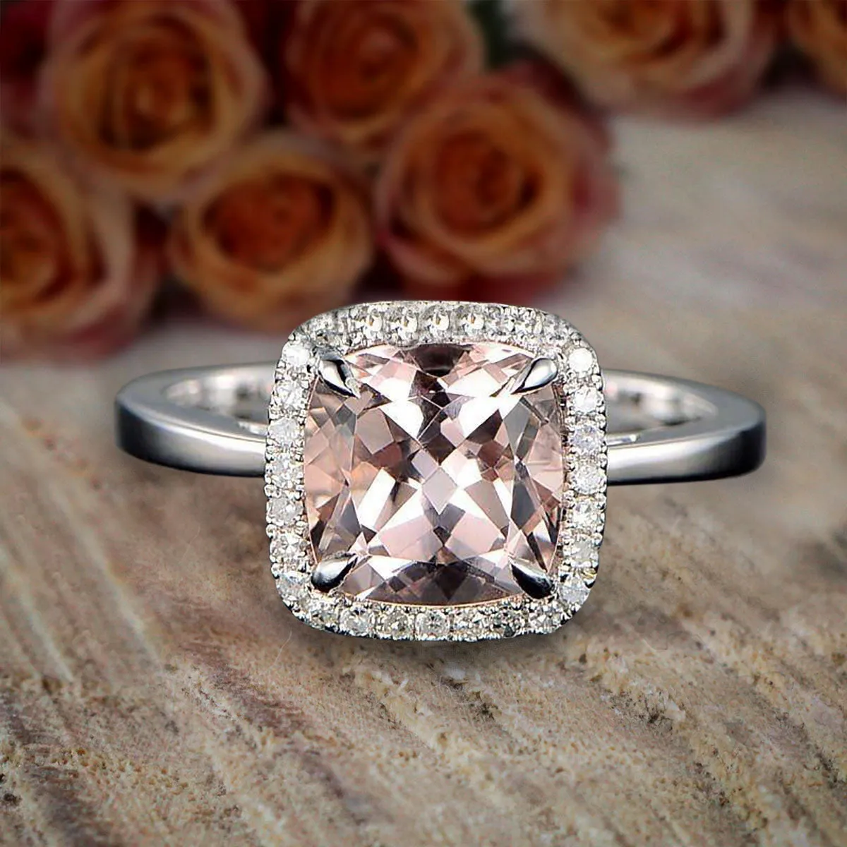 1.25 Carat Cushion Cut Peach Pink Morganite And Diamond Moissanite Halo Engagement Ring 10k White Gold on Sale