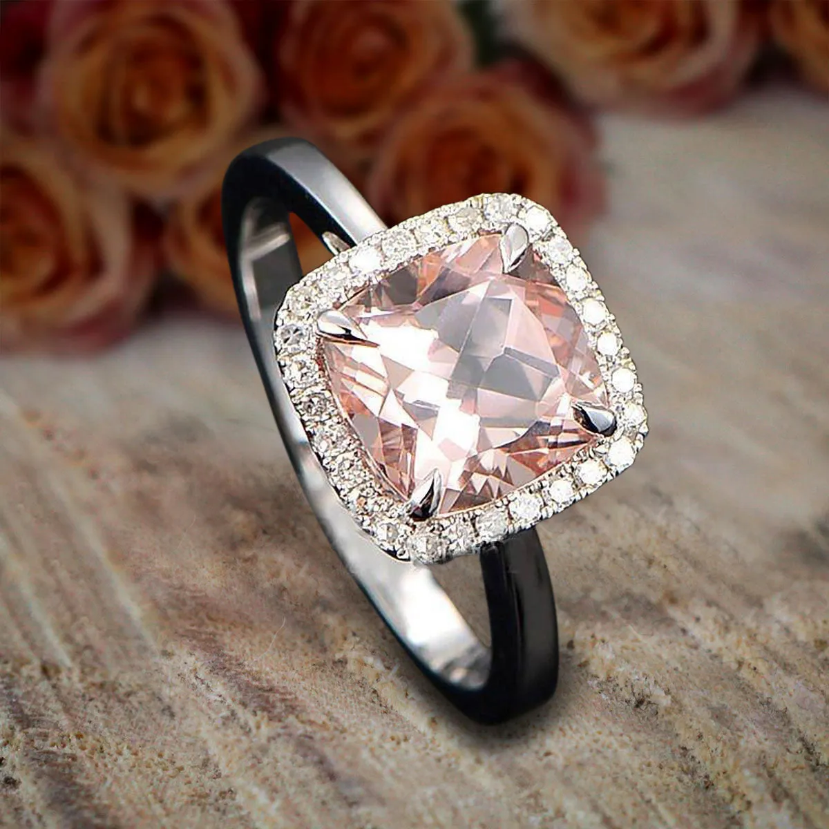 1.25 Carat Cushion Cut Peach Pink Morganite And Diamond Moissanite Halo Engagement Ring 10k White Gold on Sale