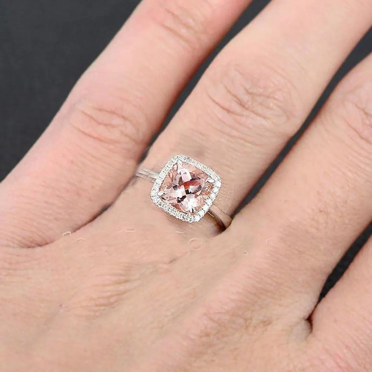 1.25 Carat Cushion Cut Peach Pink Morganite And Diamond Moissanite Halo Engagement Ring 10k White Gold on Sale