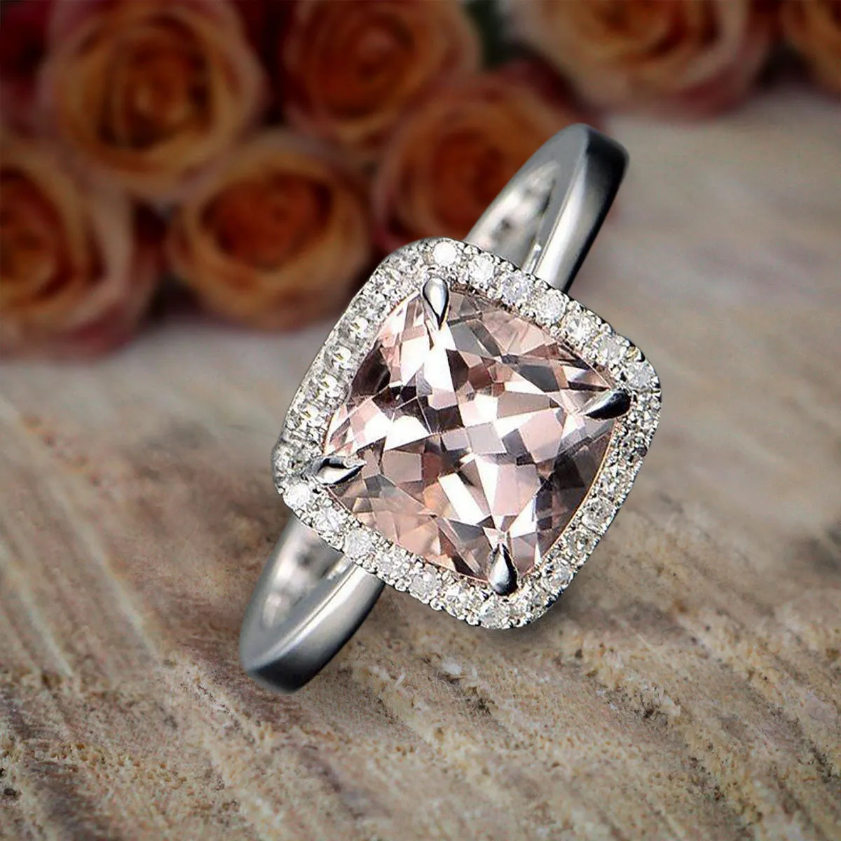 1.25 Carat Cushion Cut Peach Pink Morganite And Diamond Moissanite Halo Engagement Ring 10k White Gold on Sale