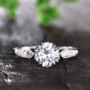 1.25ct Vintage Moissanite Engagement Ring Crown Set Half Eternity Moissanite Band