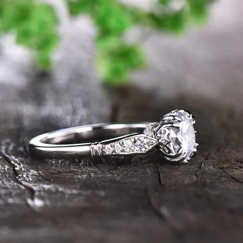 1.25ct Vintage Moissanite Engagement Ring Crown Set Half Eternity Moissanite Band
