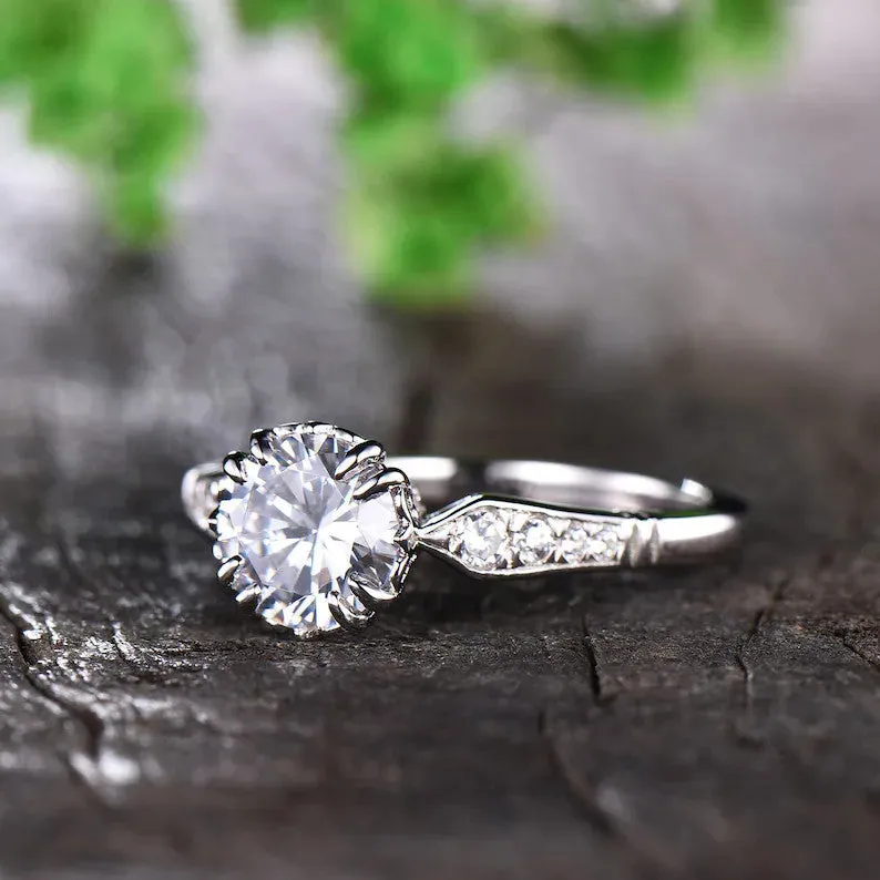 1.25ct Vintage Moissanite Engagement Ring Crown Set Half Eternity Moissanite Band