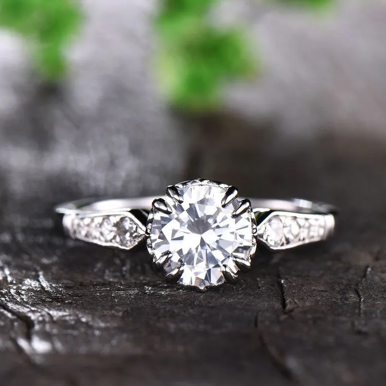 1.25ct Vintage Moissanite Engagement Ring Crown Set Half Eternity Moissanite Band