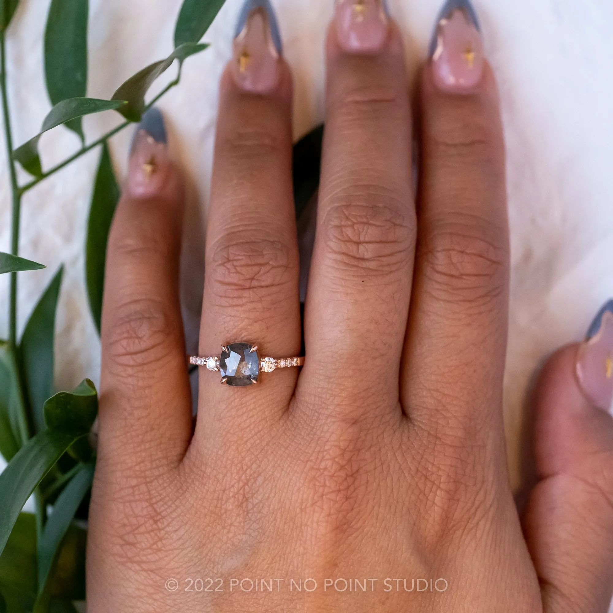 1.26 Carat Salt and Pepper Cushion Diamond Engagement Ring, Eliza Setting, 14K Rose Gold