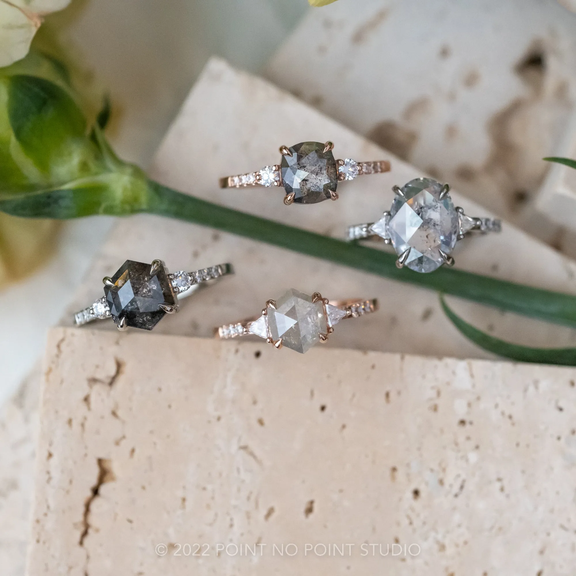 1.26 Carat Salt and Pepper Cushion Diamond Engagement Ring, Eliza Setting, 14K Rose Gold