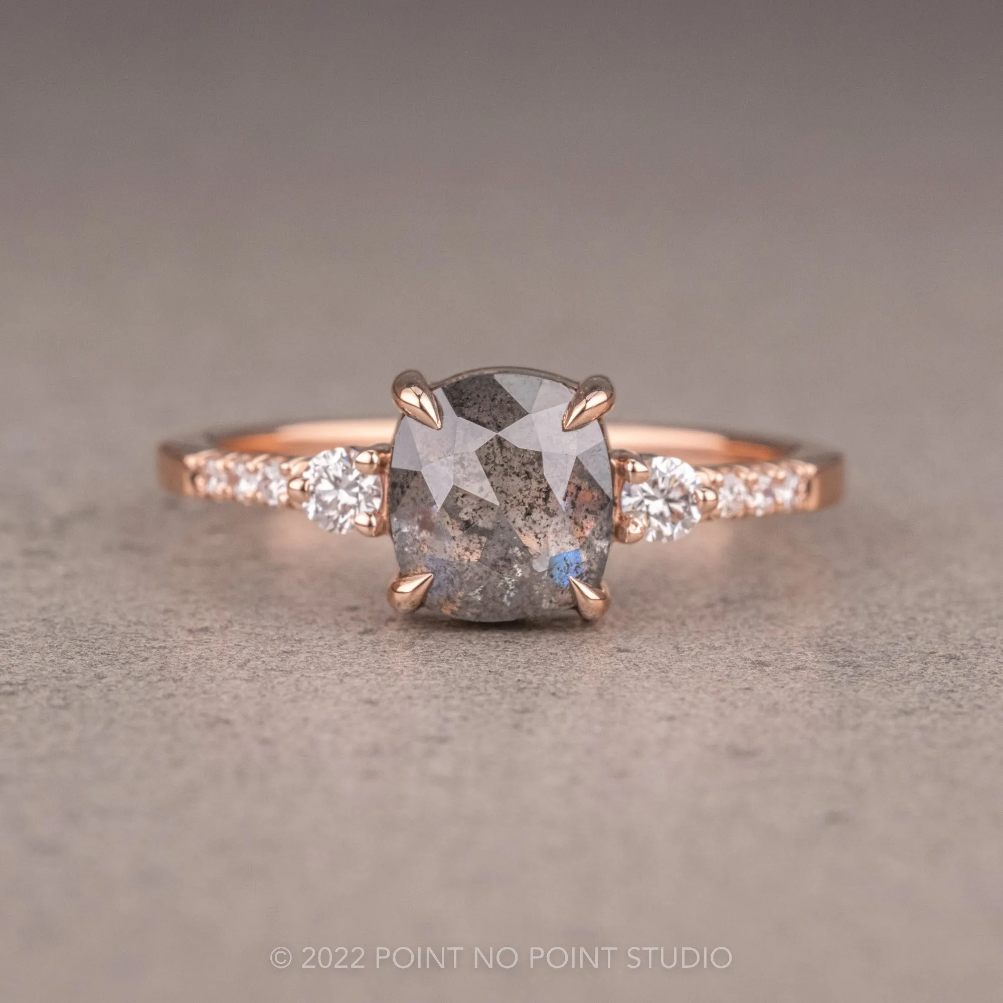 1.26 Carat Salt and Pepper Cushion Diamond Engagement Ring, Eliza Setting, 14K Rose Gold