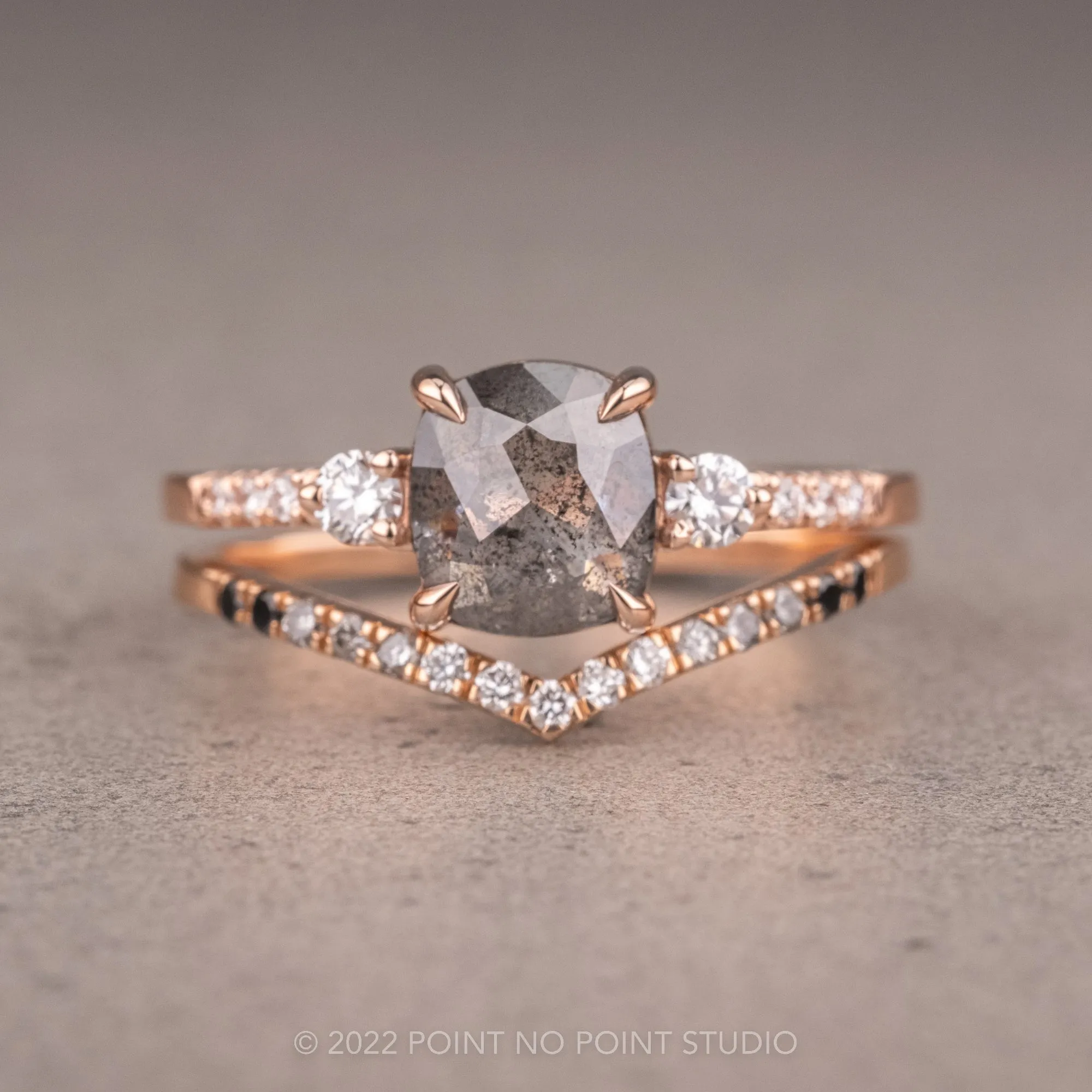 1.26 Carat Salt and Pepper Cushion Diamond Engagement Ring, Eliza Setting, 14K Rose Gold