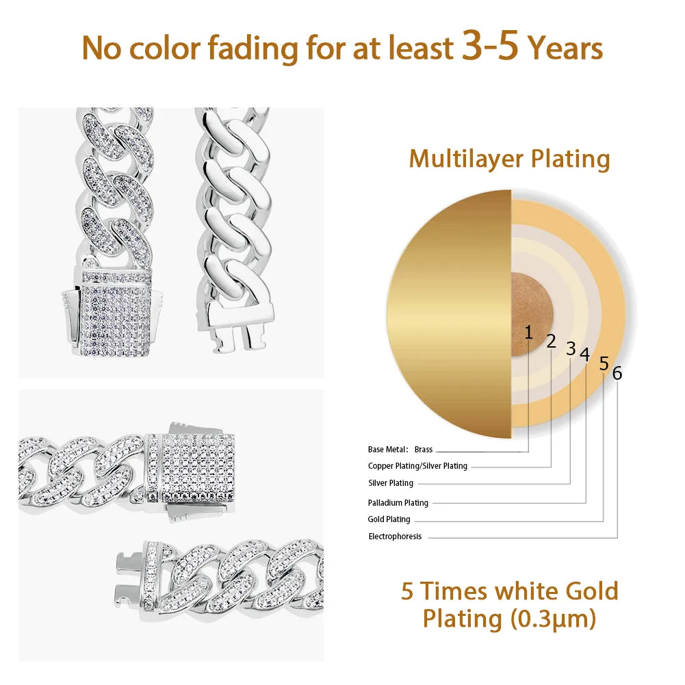 12mm Iced Box Clasp Cuban Link Bracelet for Women's in White Gold KRKC