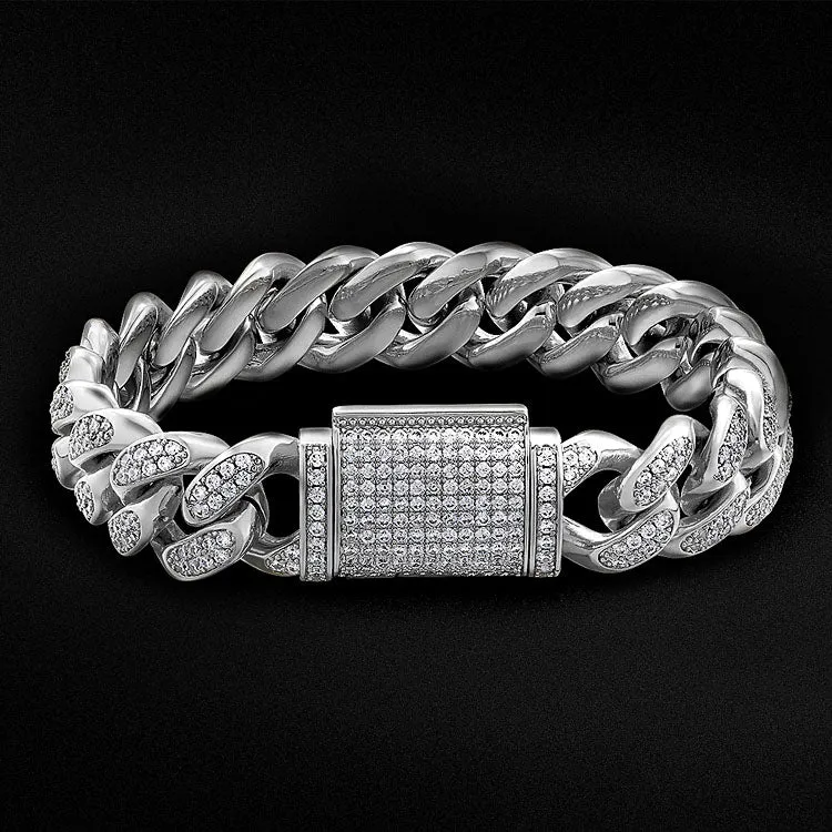 12mm Iced Box Clasp Cuban Link Bracelet for Women's in White Gold KRKC