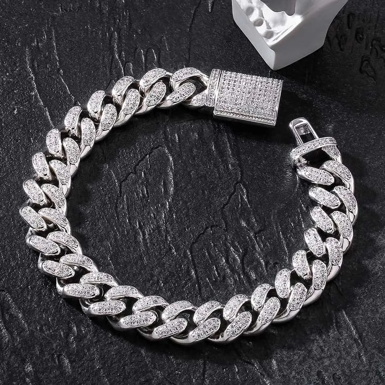 12mm Iced Box Clasp Cuban Link Bracelet for Women's in White Gold KRKC