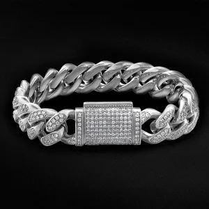 12mm Iced Box Clasp Cuban Link Bracelet for Women's in White Gold KRKC