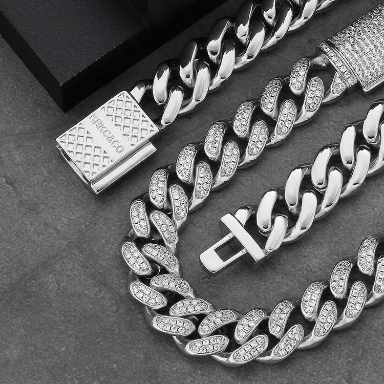 12mm Iced Box Clasp Cuban Link Bracelet for Women's in White Gold KRKC