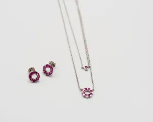 131 "Elegant silver round earrings and chain set, featuring a combination round pendant with July ruby stones.