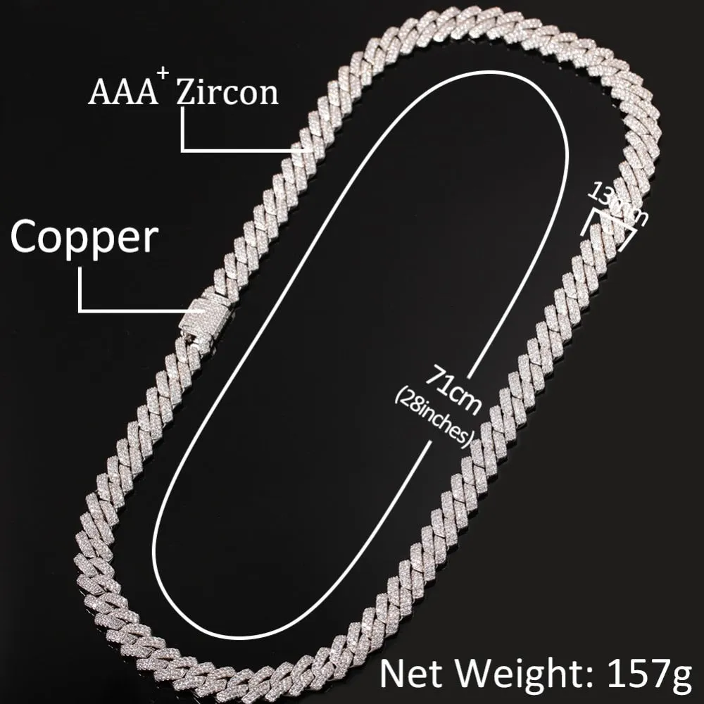 13mm  Zircon Miami Cuban Link Necklace Gold Silver Plated Luxury