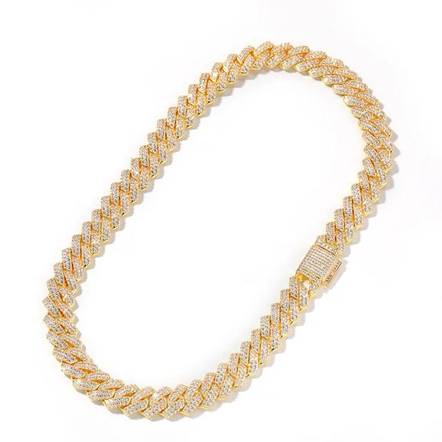 13mm  Zircon Miami Cuban Link Necklace Gold Silver Plated Luxury