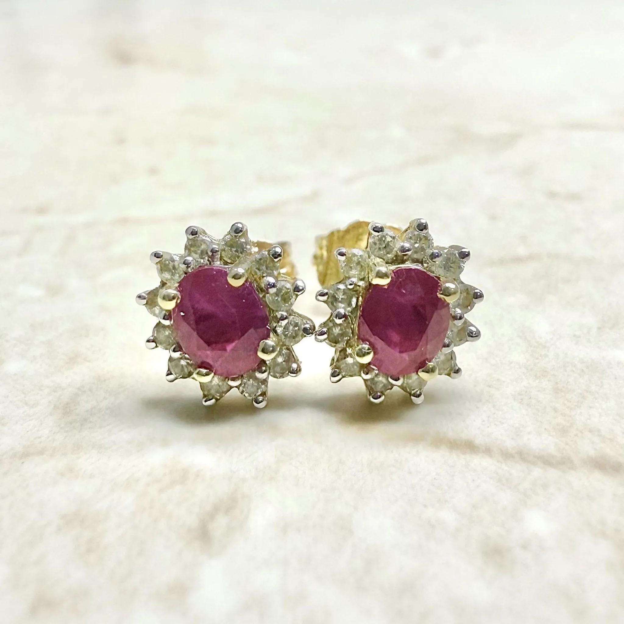 14 Karat Gold Diamond & Ruby Halo Stud Earrings