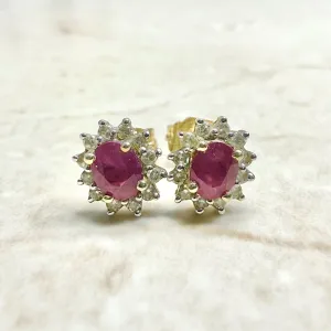 14 Karat Gold Diamond & Ruby Halo Stud Earrings