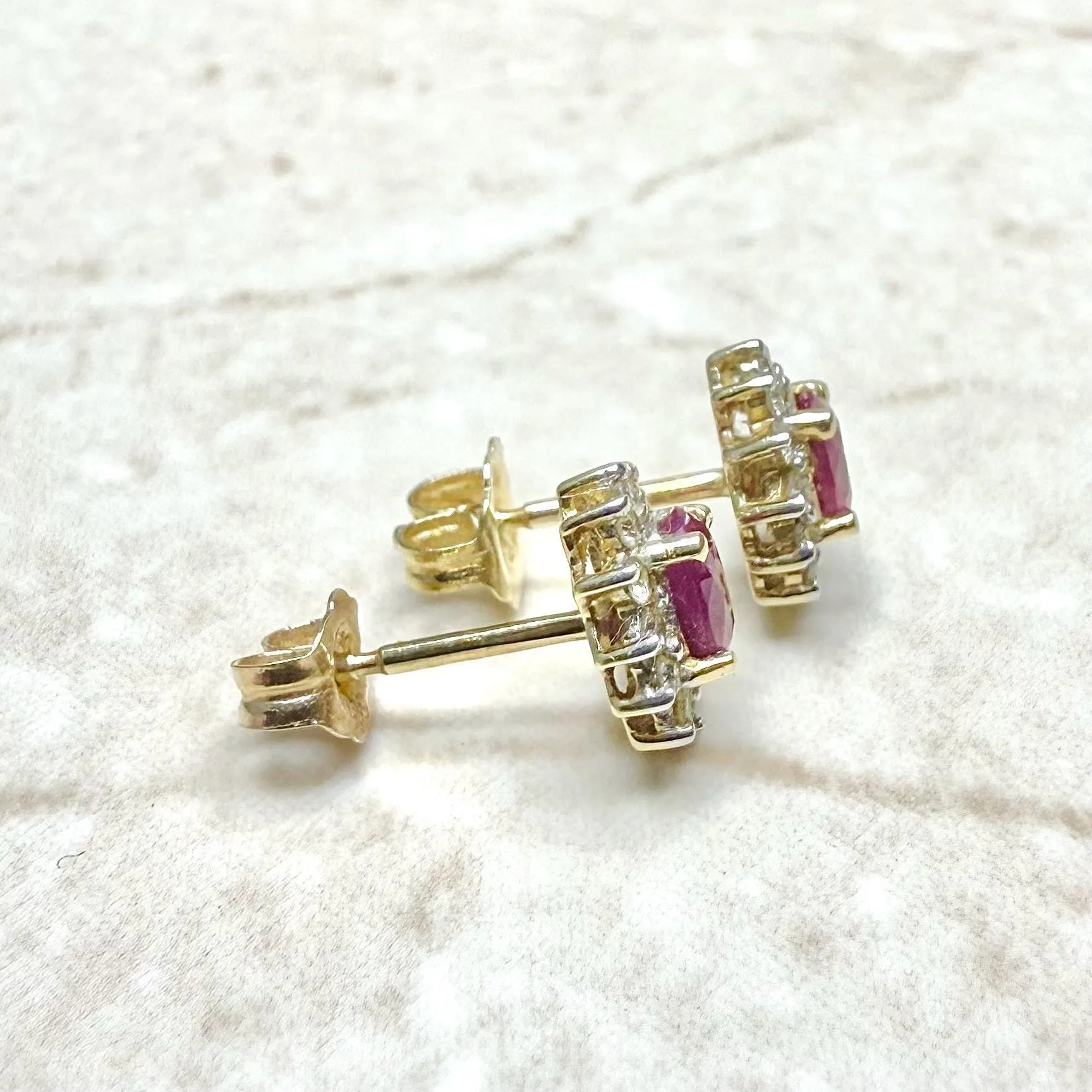 14 Karat Gold Diamond & Ruby Halo Stud Earrings