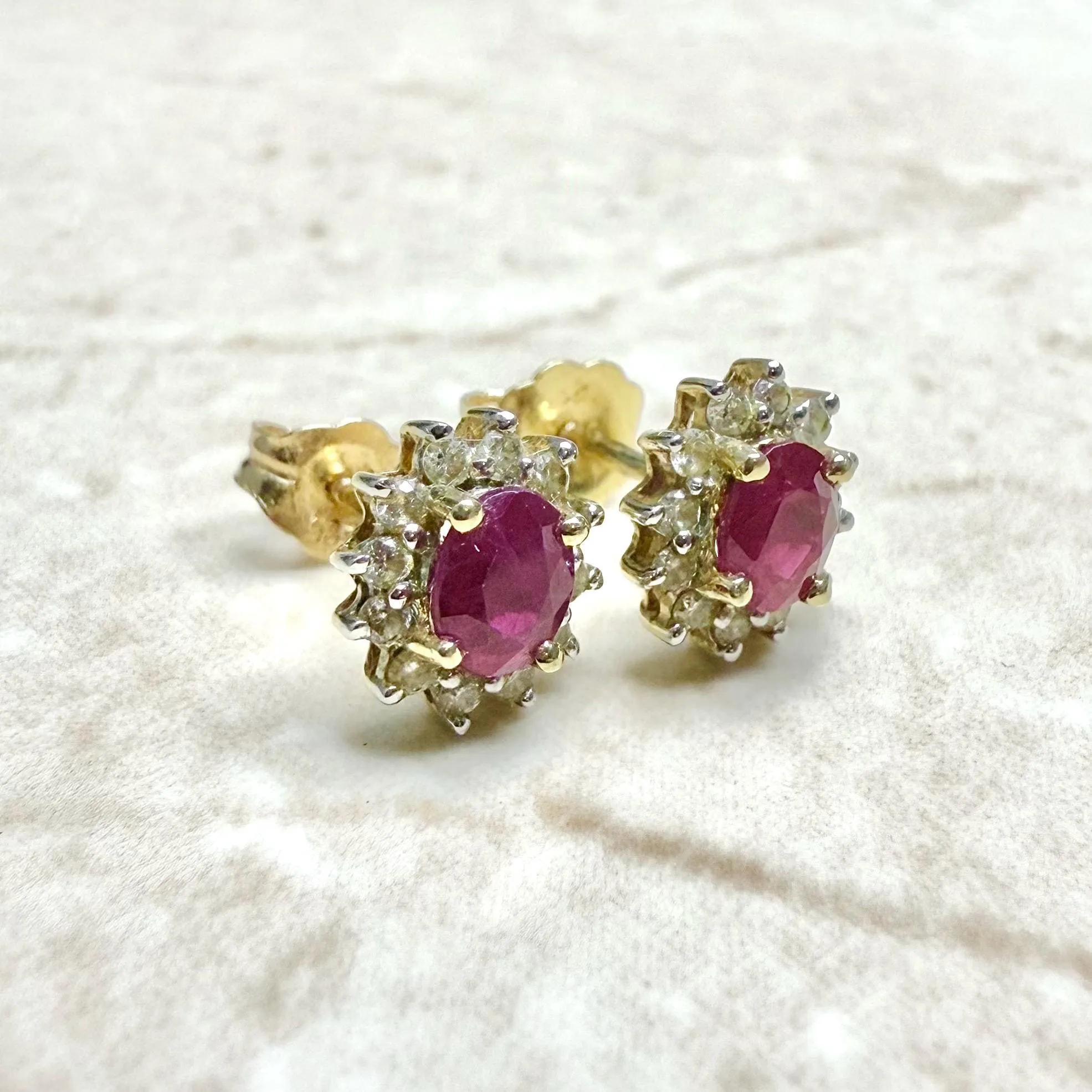 14 Karat Gold Diamond & Ruby Halo Stud Earrings