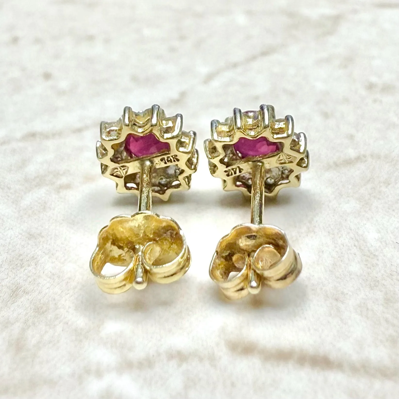 14 Karat Gold Diamond & Ruby Halo Stud Earrings
