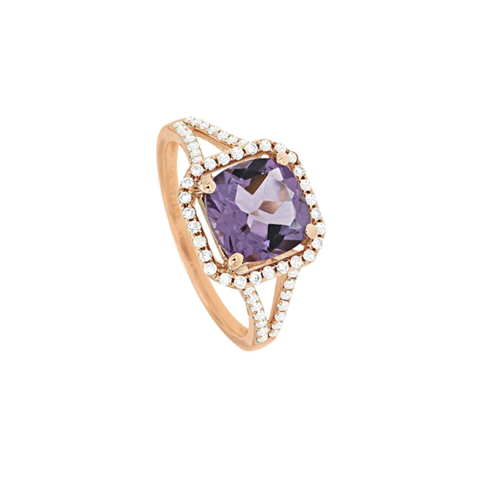 14 Karat Rose Gold Halo Ring With A Amethyst & Diamonds