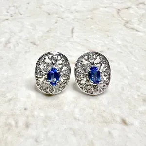 14 Karat White Gold Oval Natural Sapphire Filigree Stud Earrings