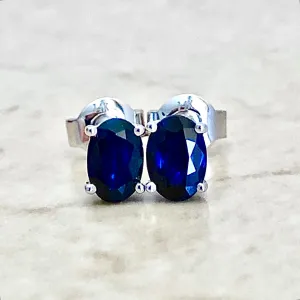 14 Karat White Gold September Birthstone Oval Blue Sapphire Stud Earrings