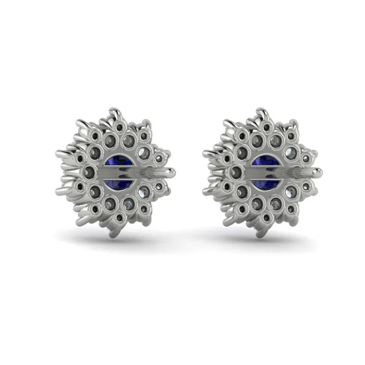 14 KT White Gold Diamond Star Cluster and Blue Sapphire Stud Statement Earrings