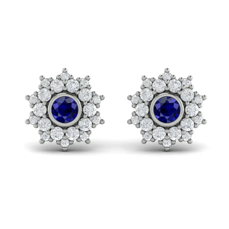 14 KT White Gold Diamond Star Cluster and Blue Sapphire Stud Statement Earrings
